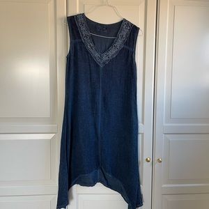 Breezy dark blue linen sundress with asymmetrical hem, size 8.